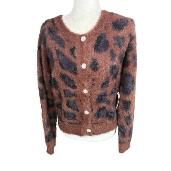 Threaded Leaf Cardigan Womens Size M Brown Leopard Print Fuzzy Cozy Sweater New - Picture 11 of 16